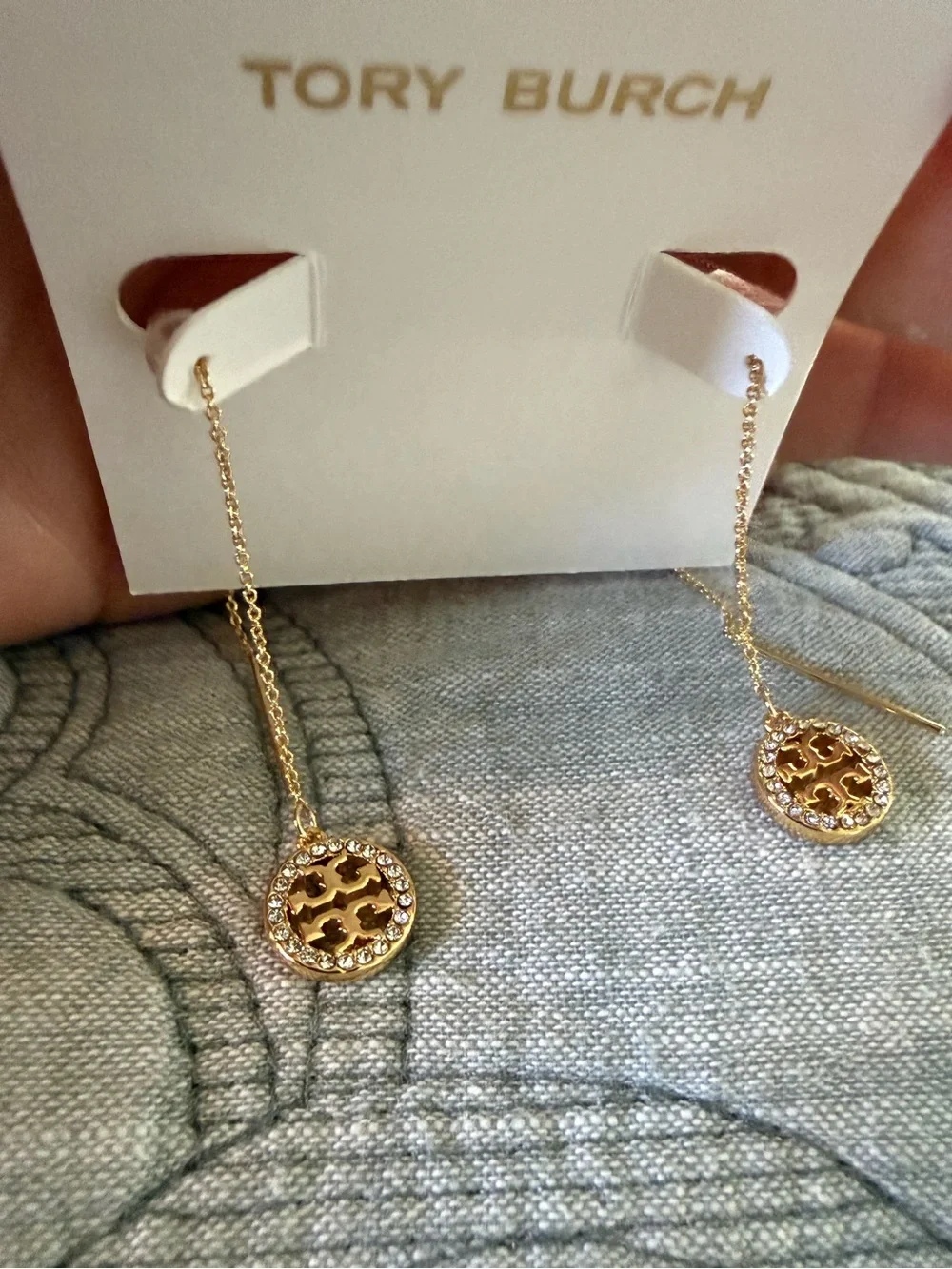 Tory Burch Gold Icon Pavé Diamond Threader earrings dangles